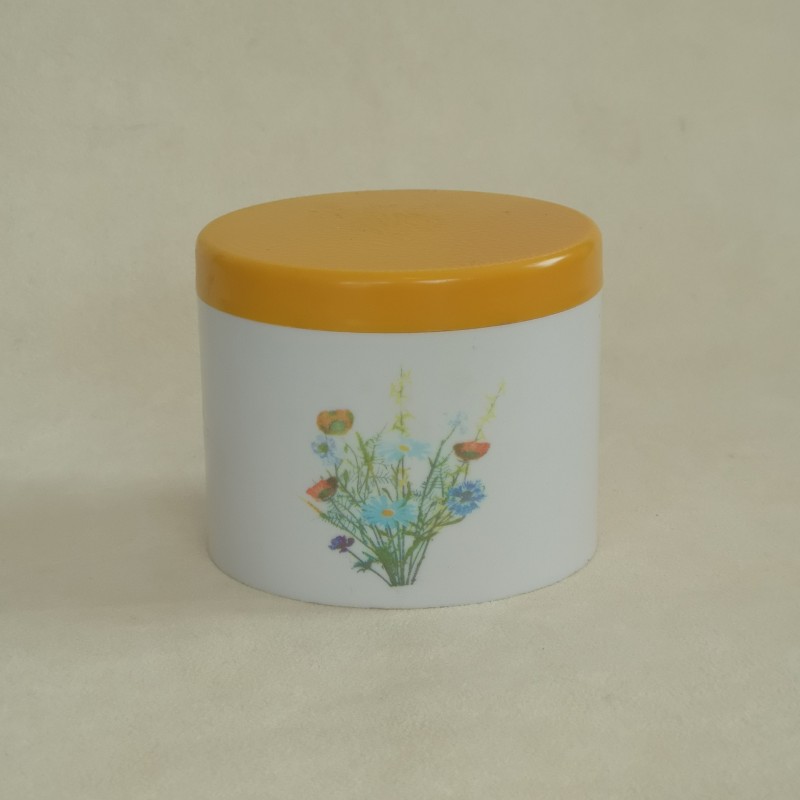 Vintage kunststof potje met deksel Seno wilde bloemen wit/geel
