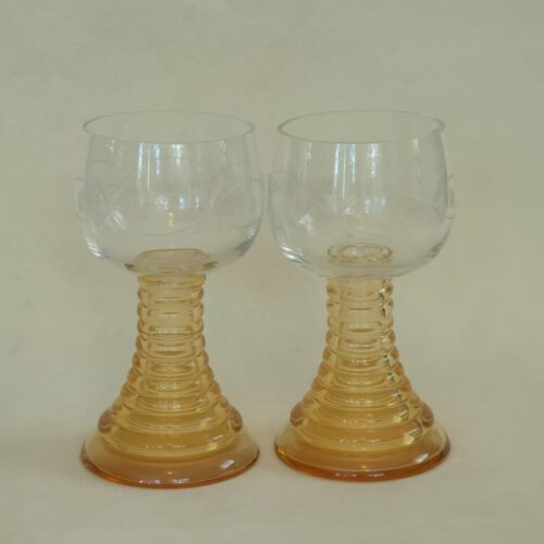 Vintage roemer wijnglazen geëtst gele voet 2 stuks