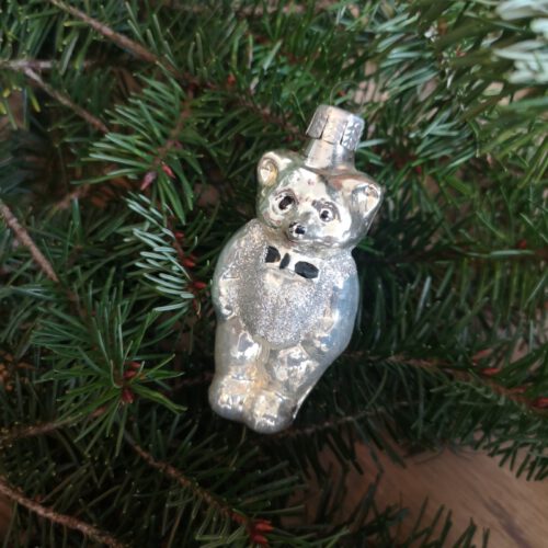 Vintage kerstbal beertje zilver