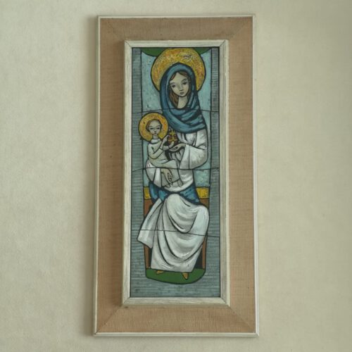 Vintage wanddecoratie tegels in lijst Maria met kindje Jezus