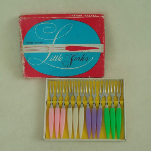 Vintage doosje cocktail vorkjes / little forks diverse kleuren 12 stuks