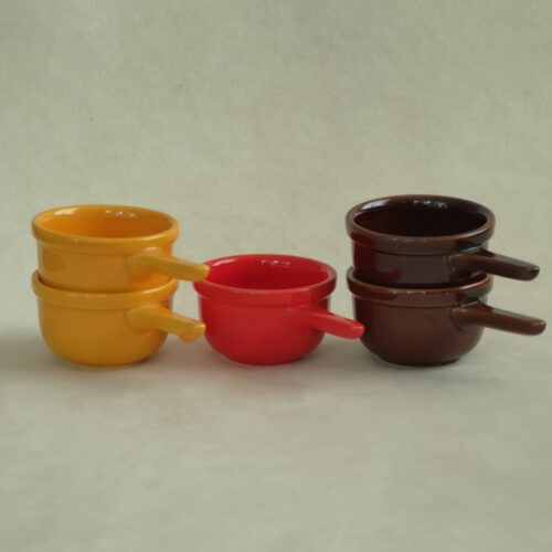 Vintage keramiek sausbakjes / kommetjes met handvat 5 stuks geel, bruin, rood/oranje