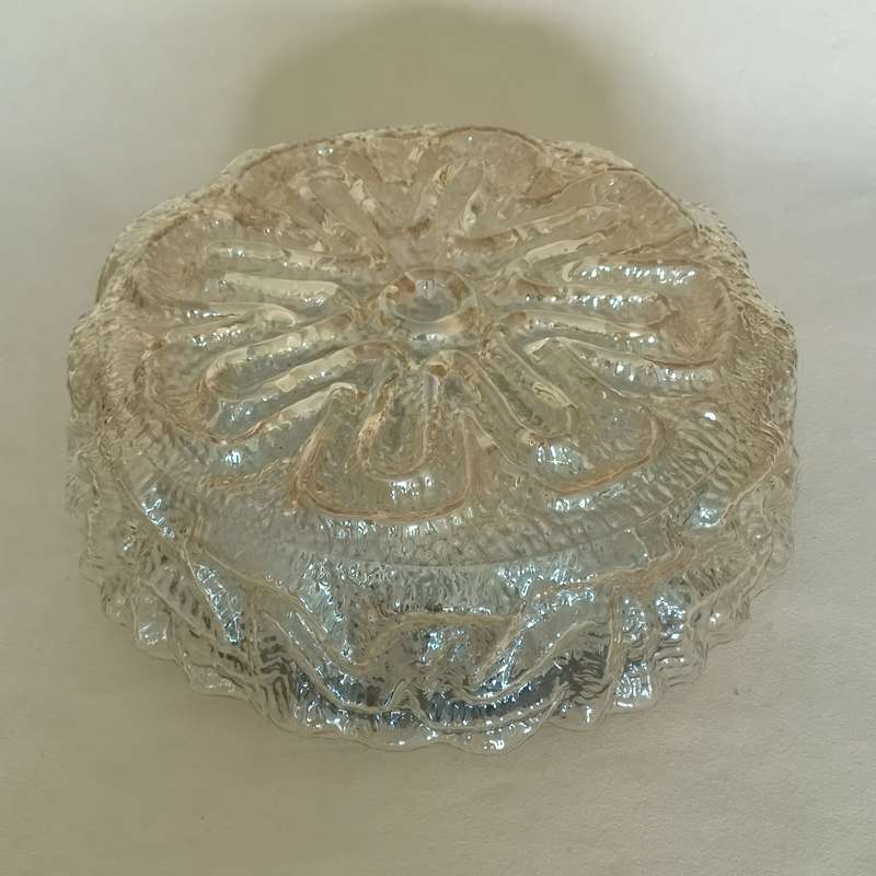 Miljard Roest steen Vintage glazen plafondlamp / plafonnière rond zalmkleur bloem - Bij-Ma-Ria  | vintage en retro winkel