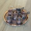 Vintage koper dienblad met theeglazen Schott & Gen Mainz Jena Glas in koper houder 6 stuks