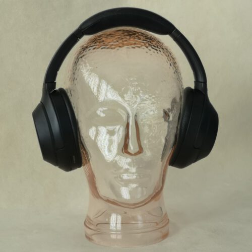 Vintage glazen mannequin hoofd / koptelefoon houder