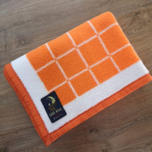 Vintage dralon kinderdeken Good Night oranje/wit geblokt