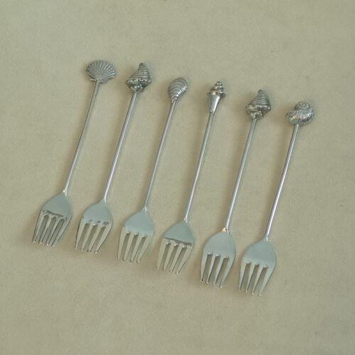 Vintage verzilverde gebaksvorkjes schelp Shell 6 stuks